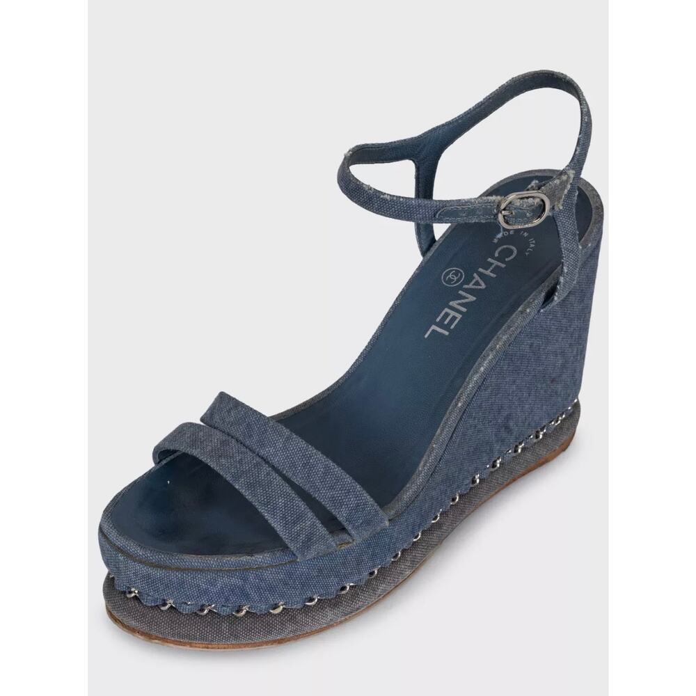 Chanel Blue Denim Wedge Sandals, Size 39.5 - Picture 3 of 6